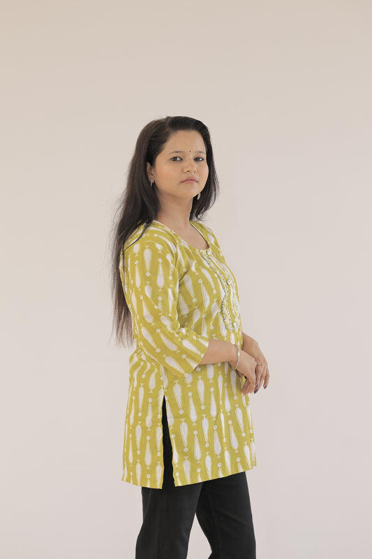 Bright Yellow Casual Kurti with Elegant Patterns"