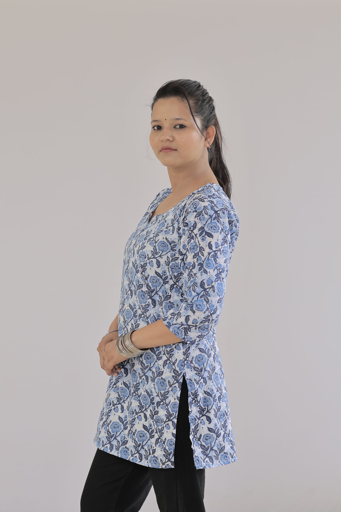 Blue Floral Cotton Straight Kurti