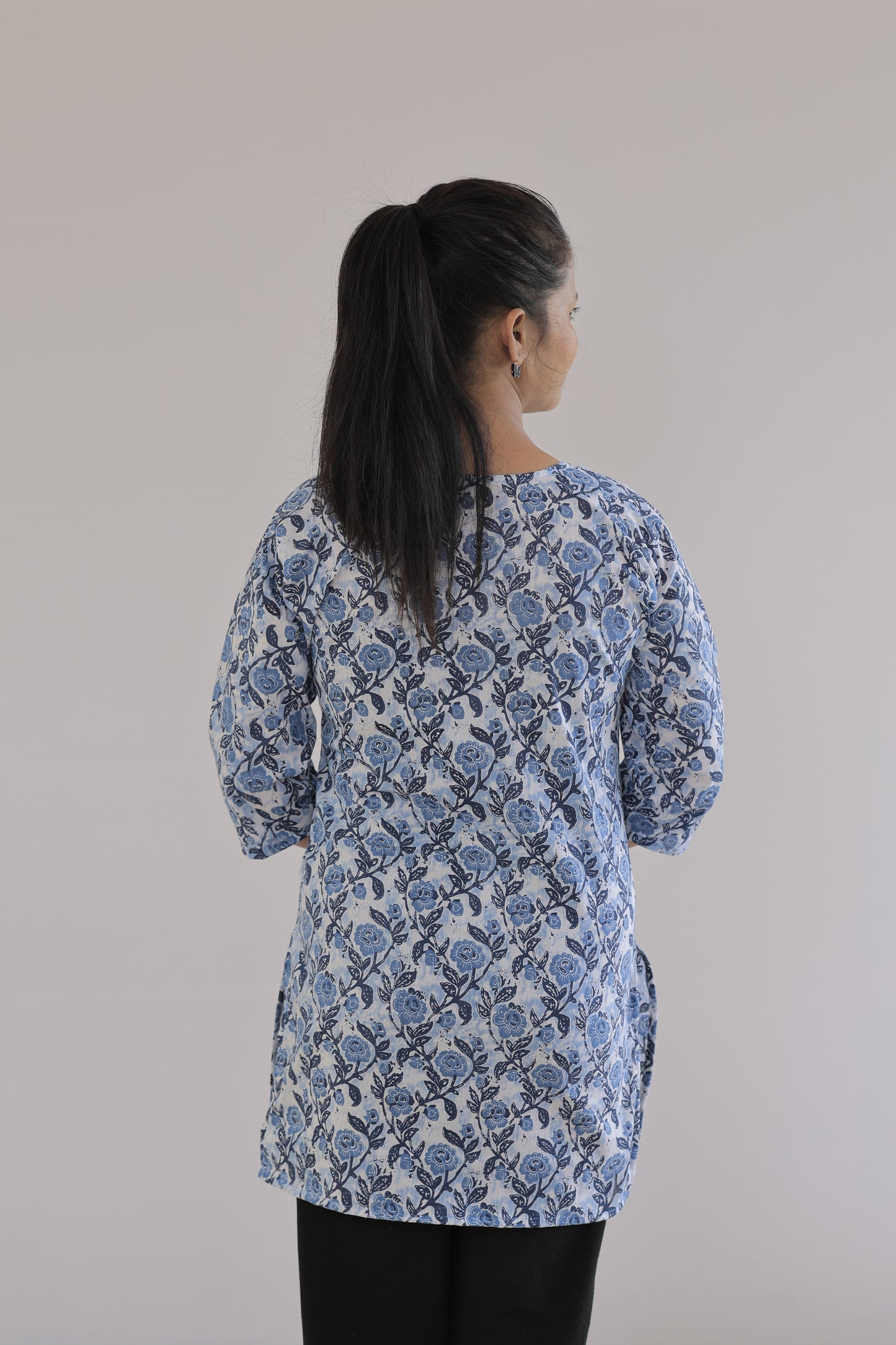 Blue Floral Cotton Straight Kurti
