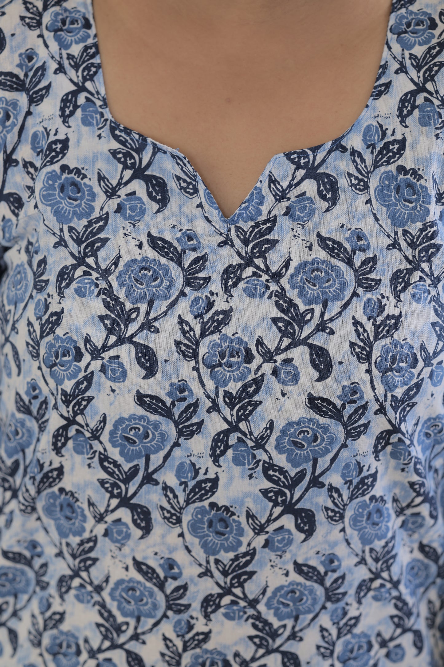 Blue Floral Cotton Straight Kurti