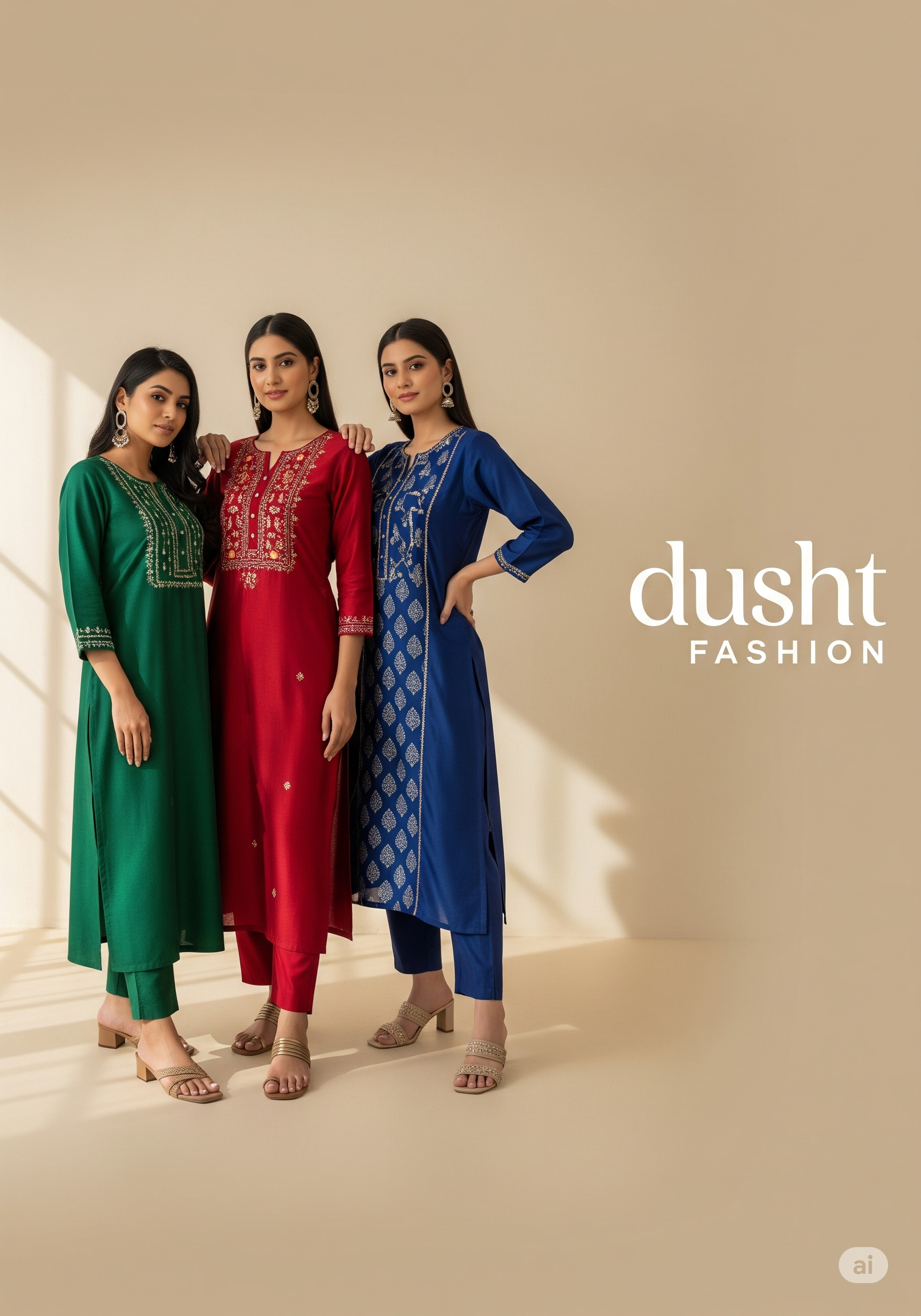 Three women wearing green, red, and blue traditional outfits with 'dushit fashion' branding.