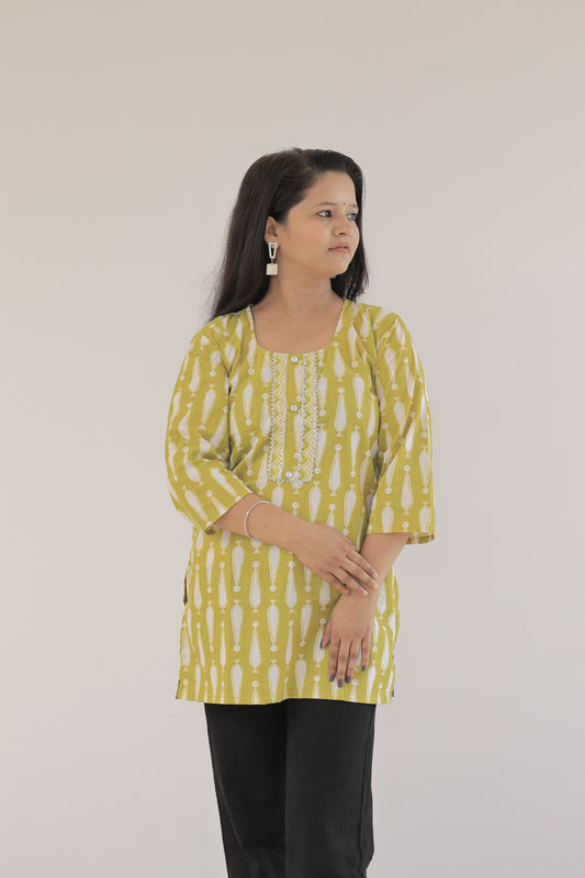 Bright Yellow Casual Kurti with Elegant Patterns"